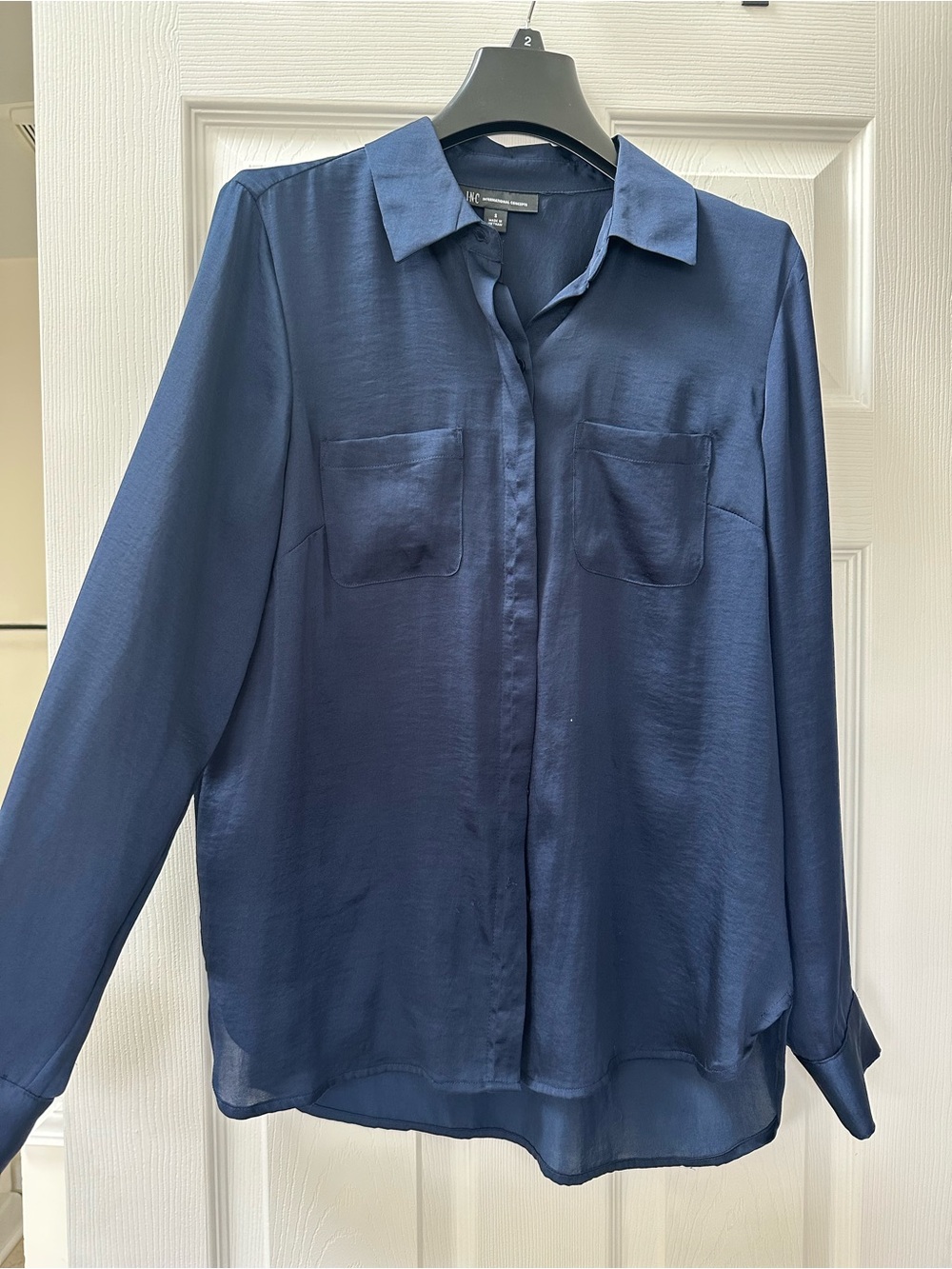 INC blue silk style button long sleeve shirt